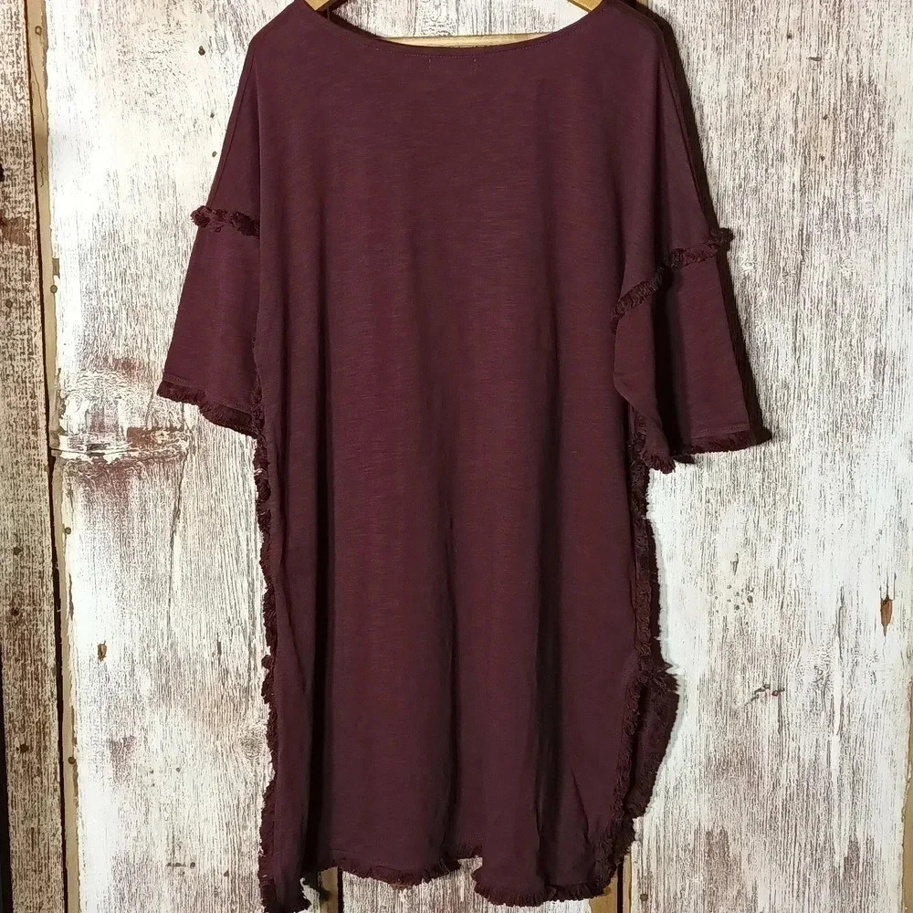 Umgee lagenlook dress tunic split sides fringe on sleeves & hem deep purple sz S